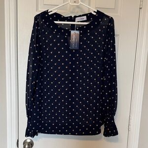 coco Indigo private label Navy Polka Dot Long-Sleeve Blouse